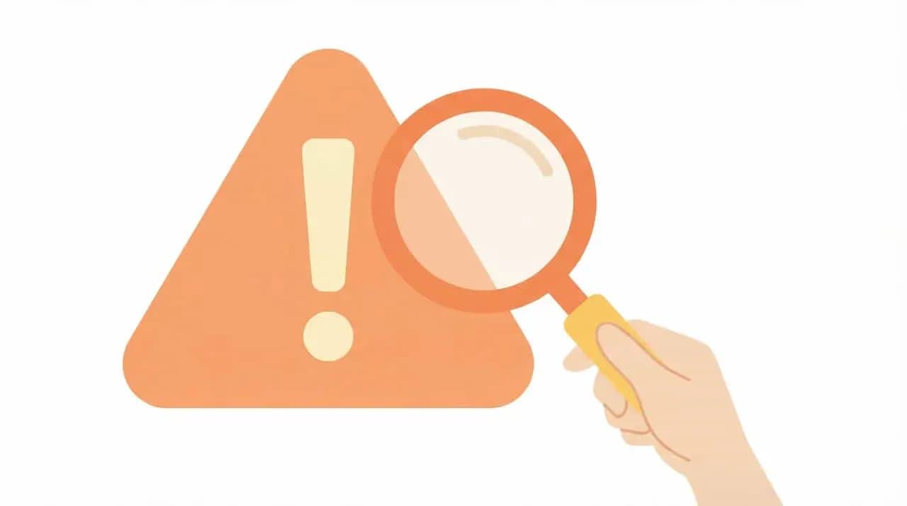 「！」の警告マークをルーペで確認する手のイラスト