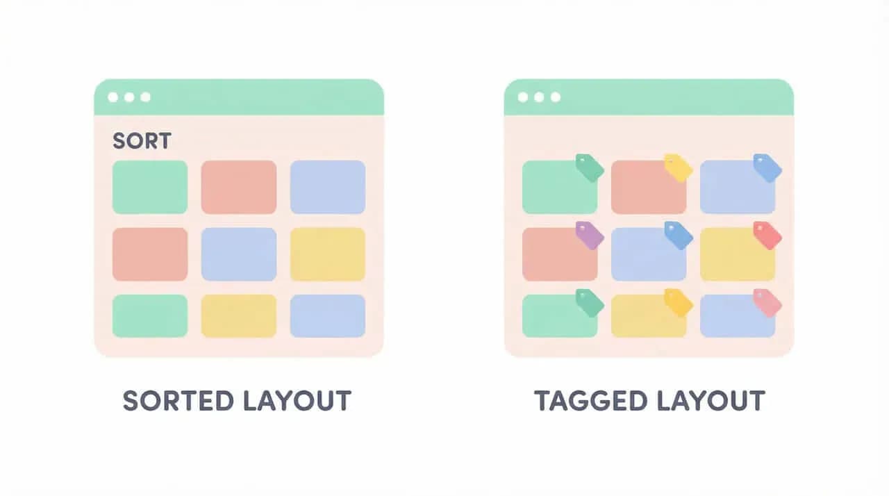 色分けされた「SORTED LAYOUT」と、タグ付けされた「TAGGED LAYOUT」の並べ替えを比較した図