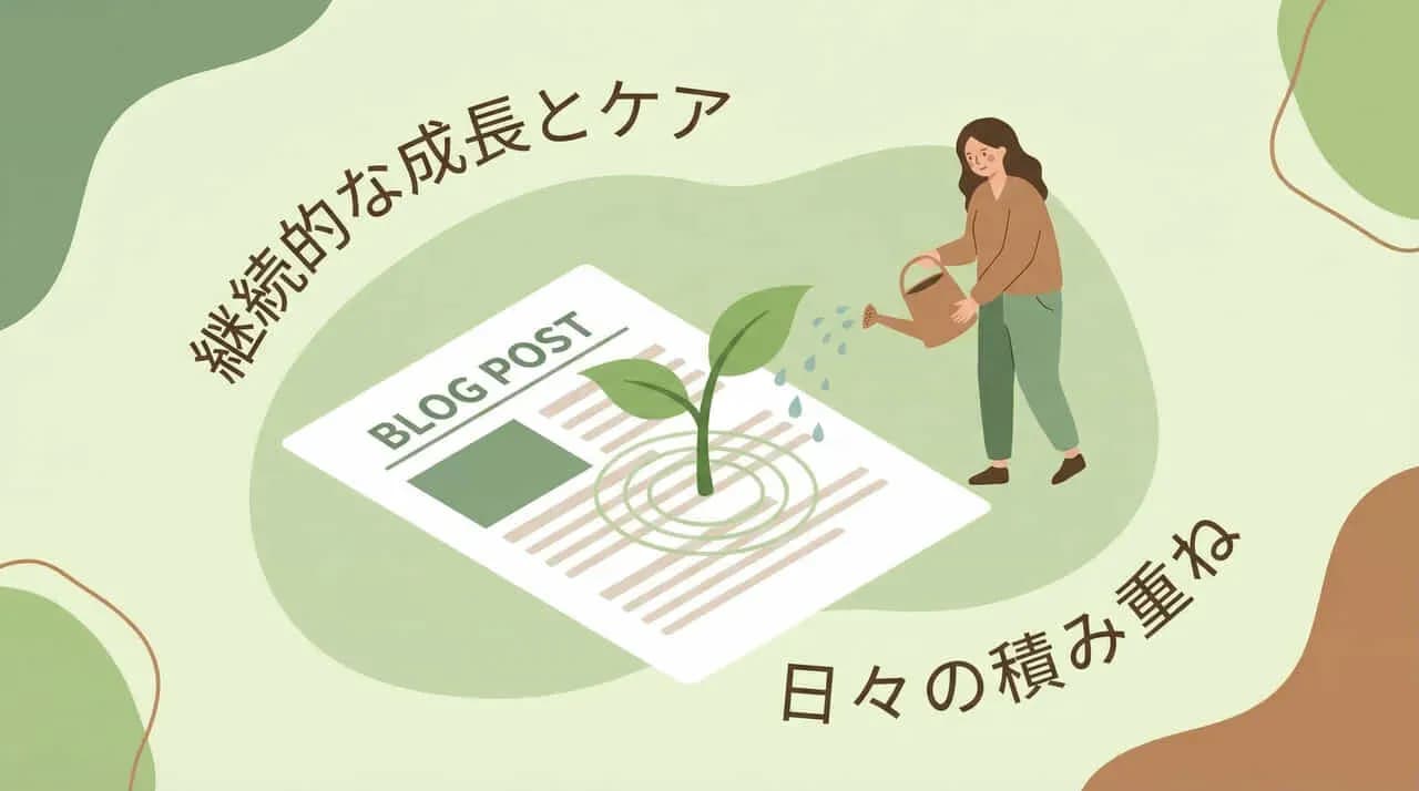 「BLOG POST」の文書から育つ芽に水をやる女性と、「継続的な成長とケア」「日々の積み重ね」の文字のイラスト