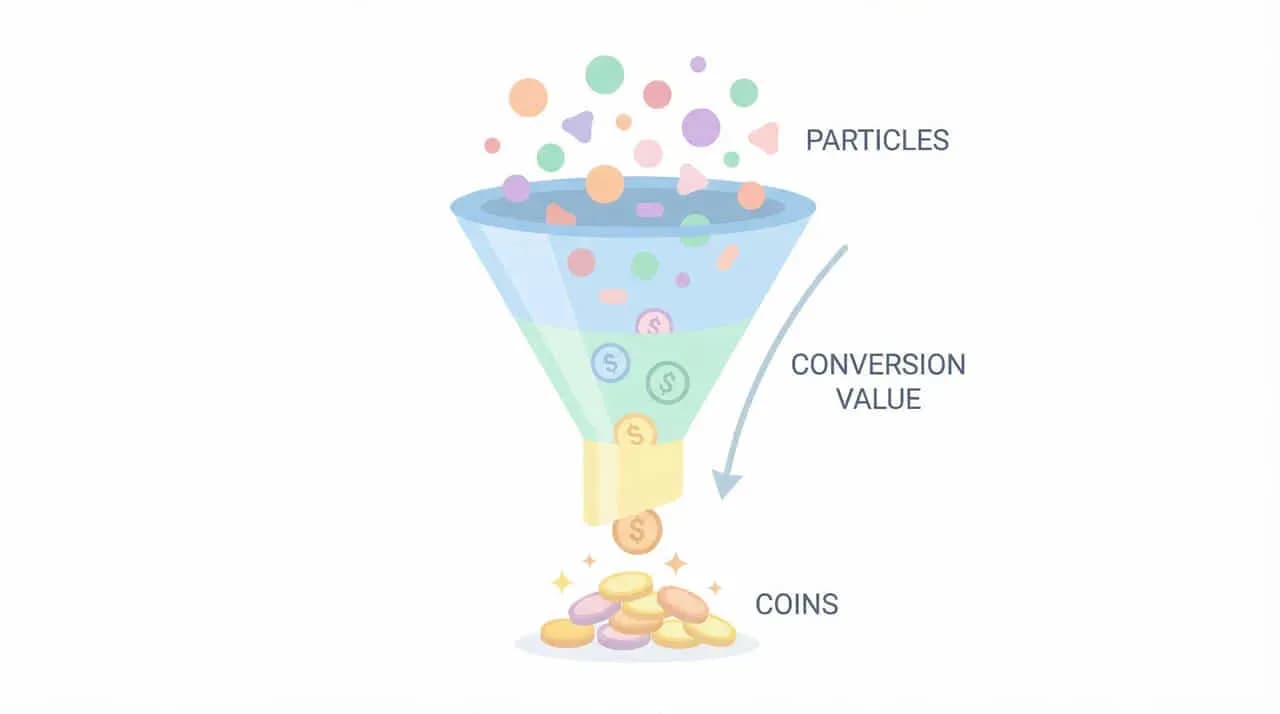 「PARTICLES」が漏斗を通って「COINS」に変わる、コンバージョンを表した図