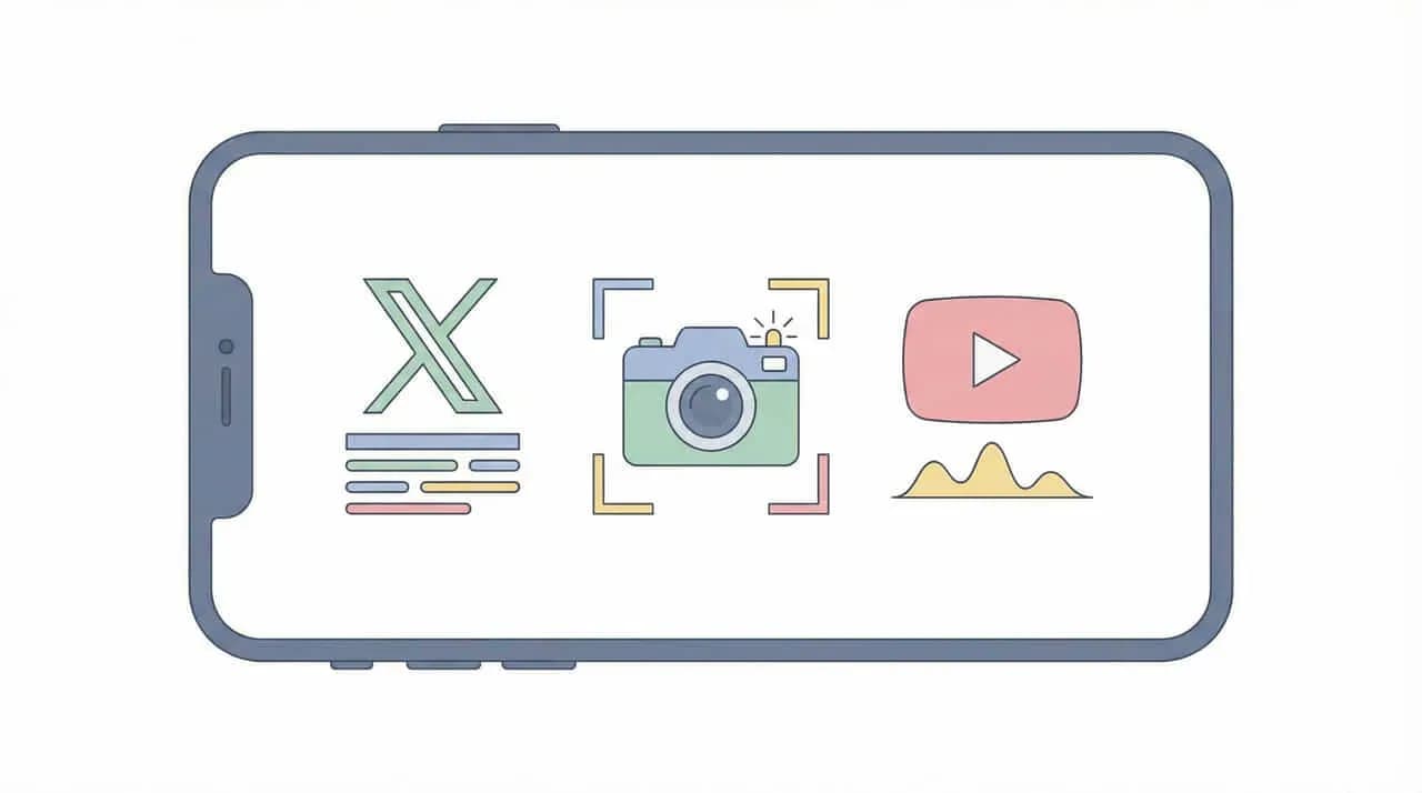 スマートフォン画面にX・カメラ・YouTubeのアイコンを並べたイラスト