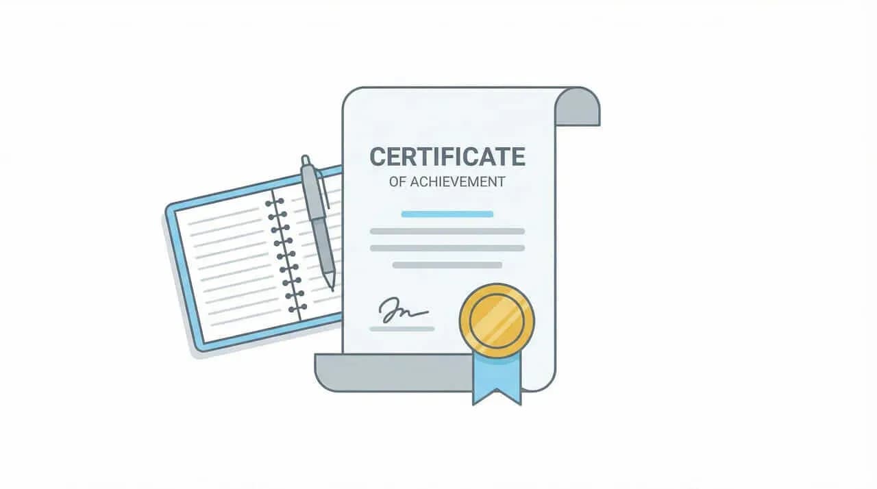 リボンとサイン入りの「CERTIFICATE OF ACHIEVEMENT」の証明書のイラスト
