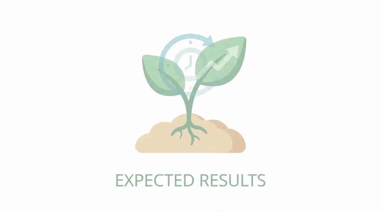 芽と時計の矢印、「EXPECTED RESULTS」の文字を配したイラスト