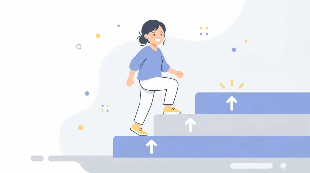 上向き矢印が付いた階段を上る女性のイラスト