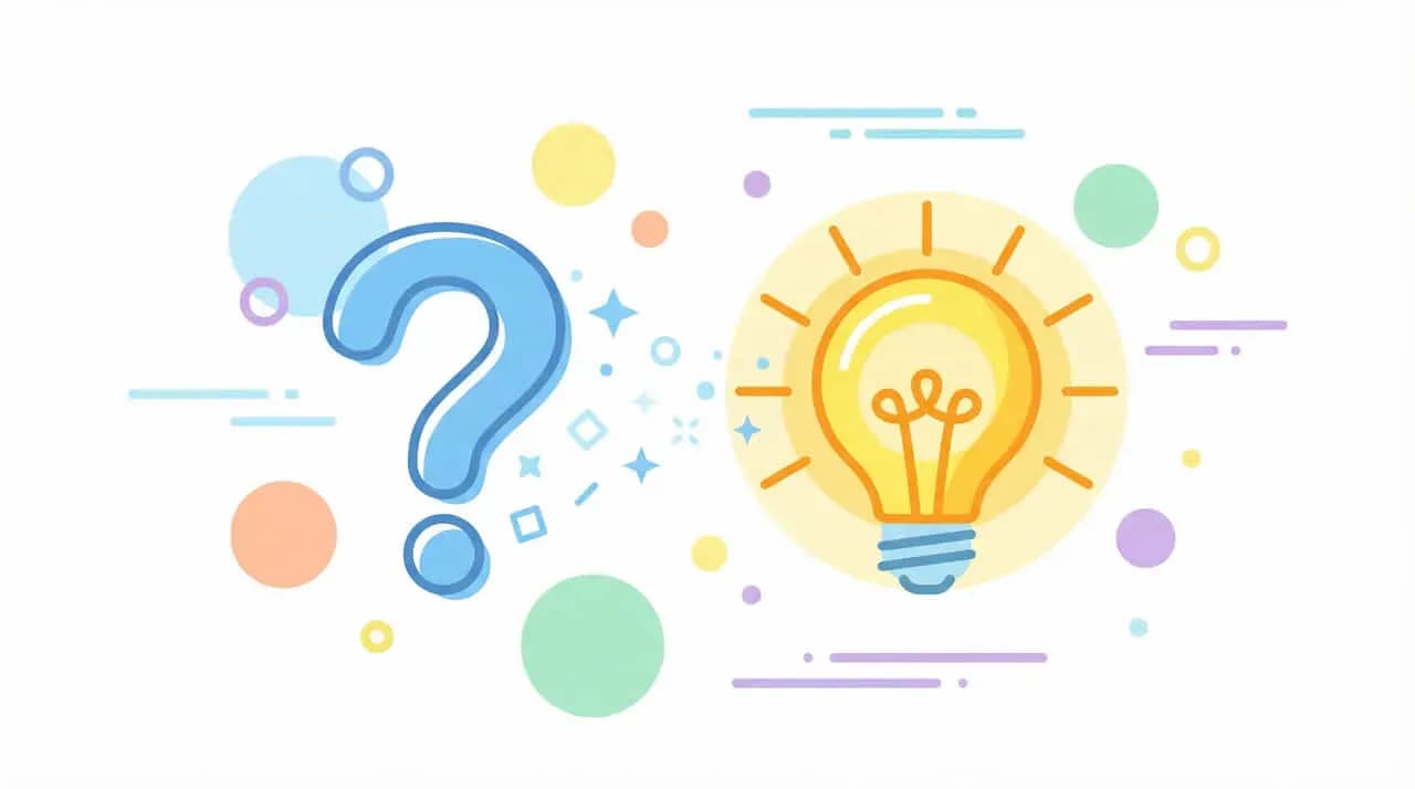 「?」マークと光る電球を並べたイラスト