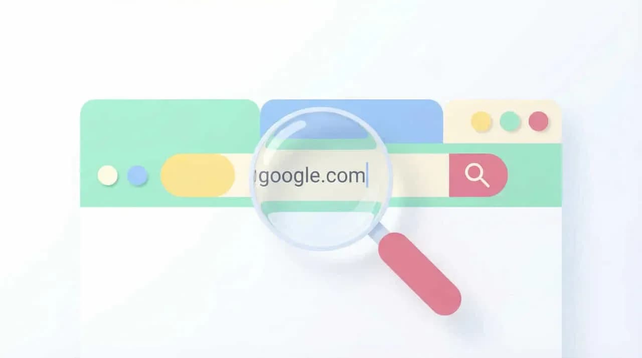 検索窓「google.com」をルーペで確認するイラスト