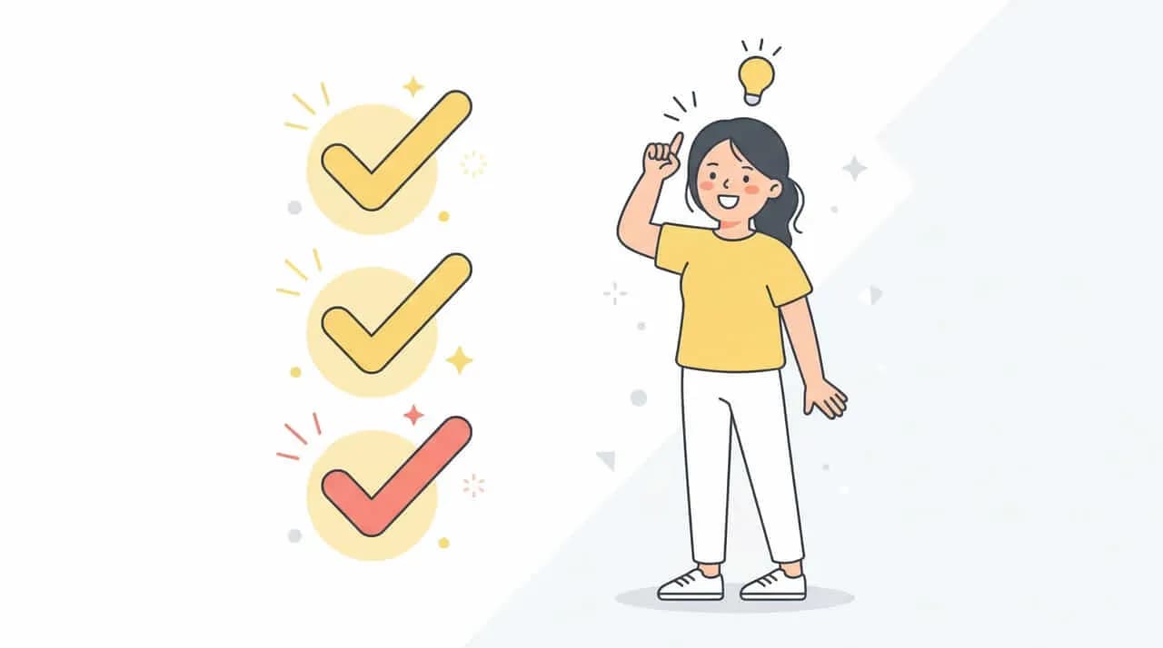 電球のひらめきと3つのチェックマークのイラスト