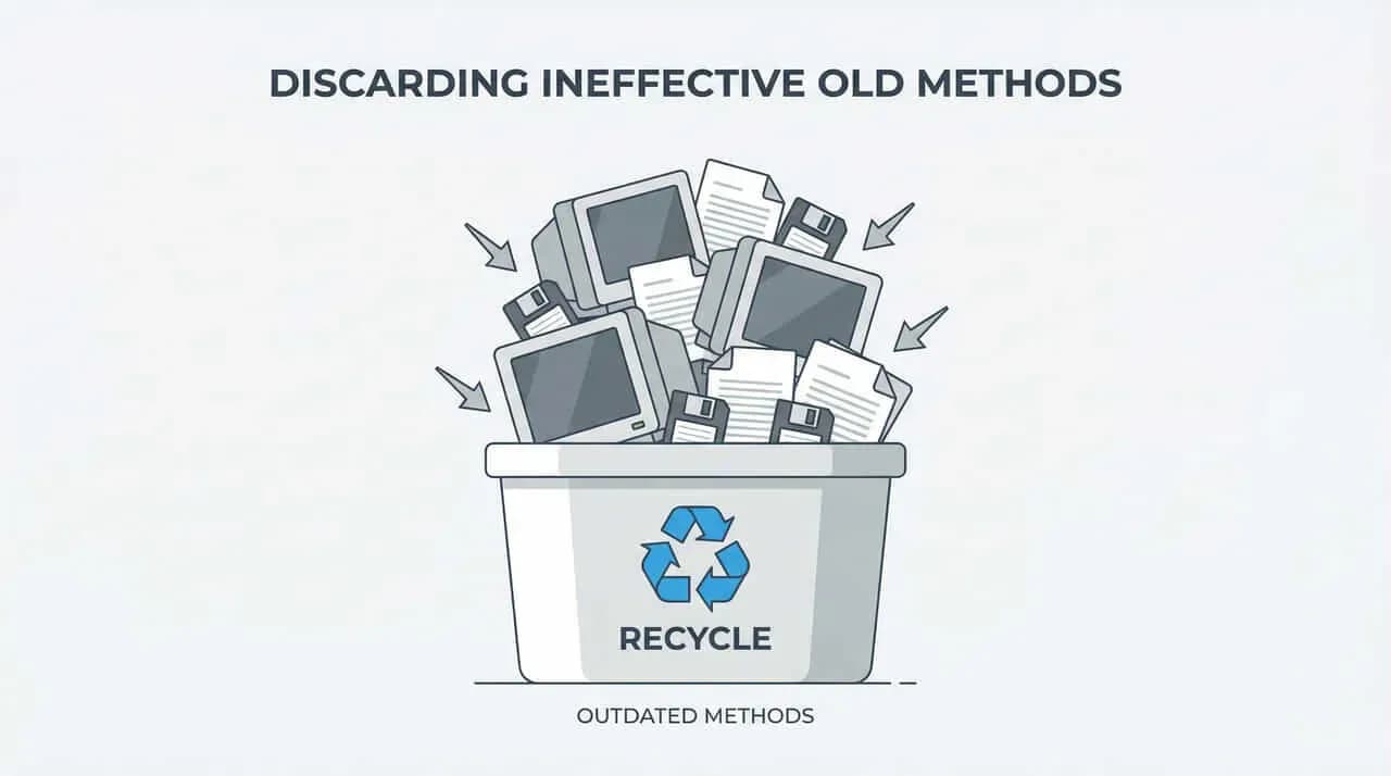 古いパソコンやフロッピーディスクをリサイクルボックスに捨てる「DISCARDING INEFFECTIVE OLD METHODS」のイラスト