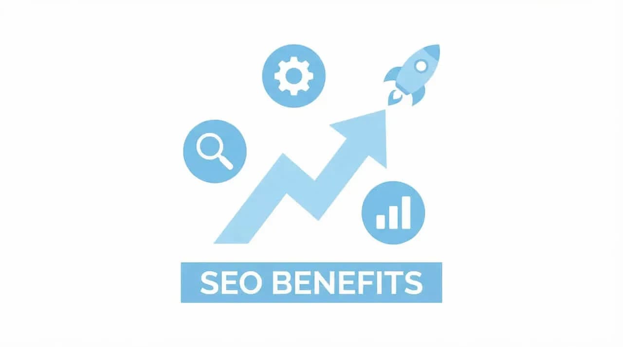 歯車・虫眼鏡・ロケット・棒グラフのアイコンと上昇矢印、「SEO BENEFITS」の文字