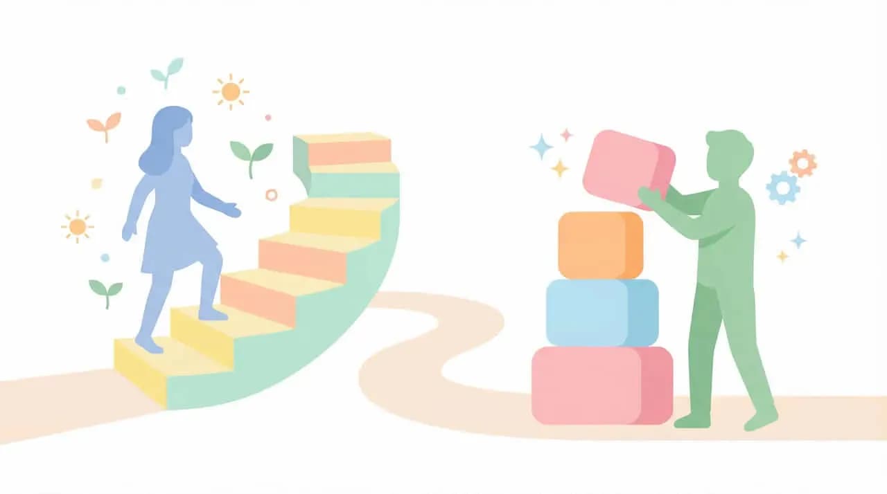 階段を上る人とブロックを積み上げる人を描いた、段階的な進め方を表すイラスト