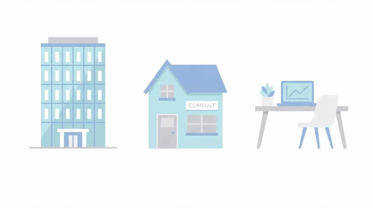 オフィスビル・「CONSULT」の看板の建物・机とノートパソコンを並べたイラスト