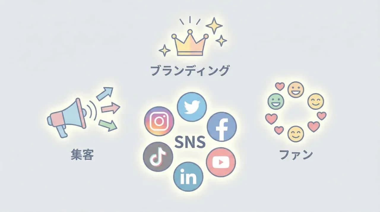 メガホンの「集客」からSNSアイコン群の「ブランディング」「ファン」へつながる関係を示した図