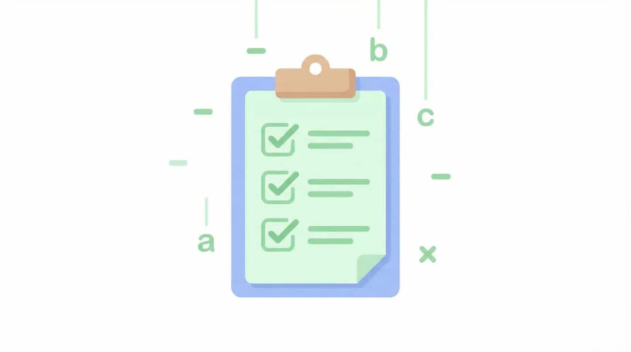 チェック済みの3項目のクリップボードと、周囲に「a」「b」「c」「-」「×」の記号を配したイラスト