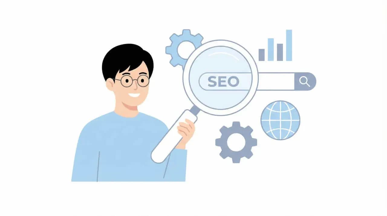 「SEO」の検索窓をルーペで見る男性と、歯車・グラフ・地球のアイコンを配したイラスト