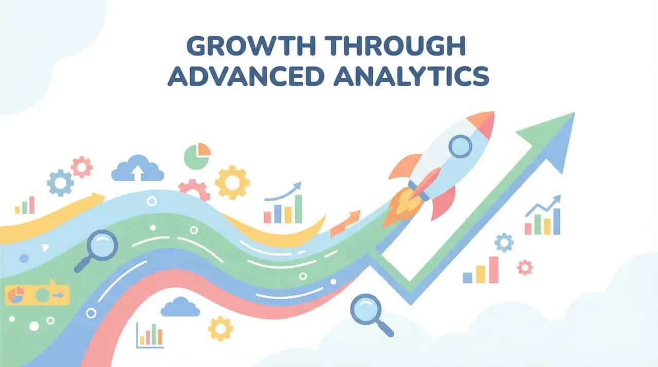 「GROWTH THROUGH ADVANCED ANALYTICS」の文字とロケット、上昇する矢印のイラスト