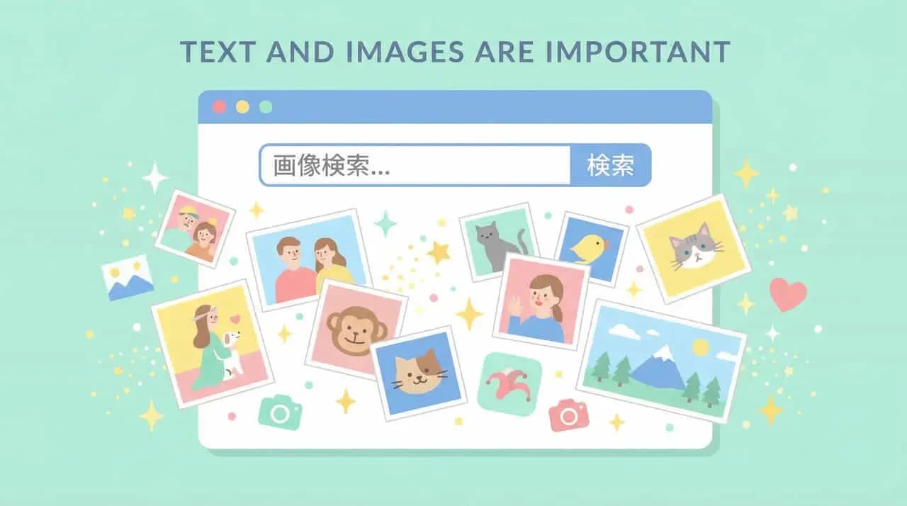 「TEXT AND IMAGES ARE IMPORTANT」の文字と「画像検索...」の検索窓、複数の写真を並べたイラスト