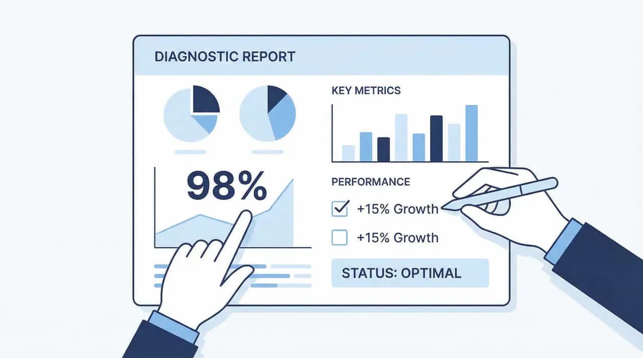 「DIAGNOSTIC REPORT」の画面に円グラフ・棒グラフ・「98%」の数値と「+15% Growth」のチェック項目を表示し、ペンで指し示すイラスト