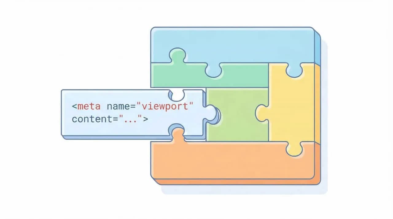 パズルピースの中央に `<meta name="viewport" content="...">` のコードを配した図