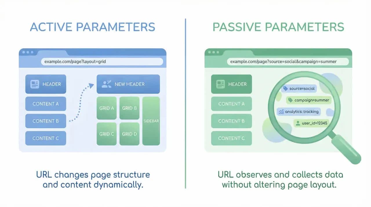 「ACTIVE PARAMETERS」（URLがページ構成を動的に変更）と「PASSIVE PARAMETERS」（URLがページを変えずデータを収集）を並べて比較した図