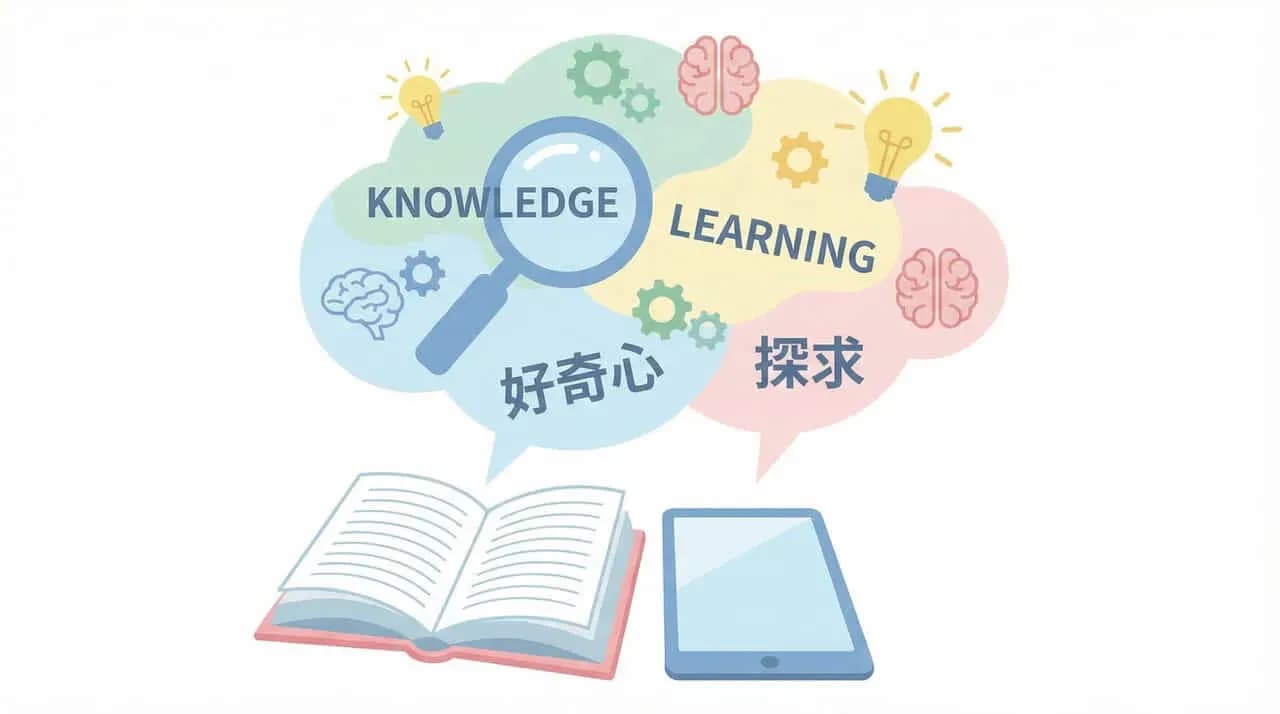 「KNOWLEDGE」「LEARNING」「好奇心」「探求」の文字と電球・歯車・本・タブレットを組み合わせたイラスト