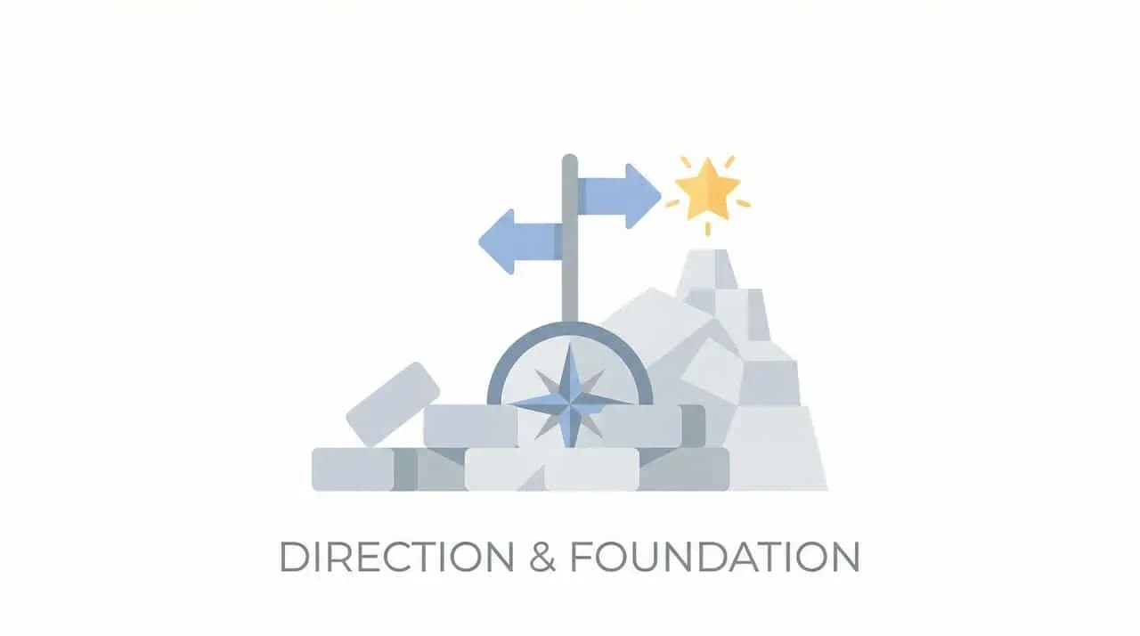 山の上に立つ方位磁針の看板と星、「DIRECTION & FOUNDATION」の文字