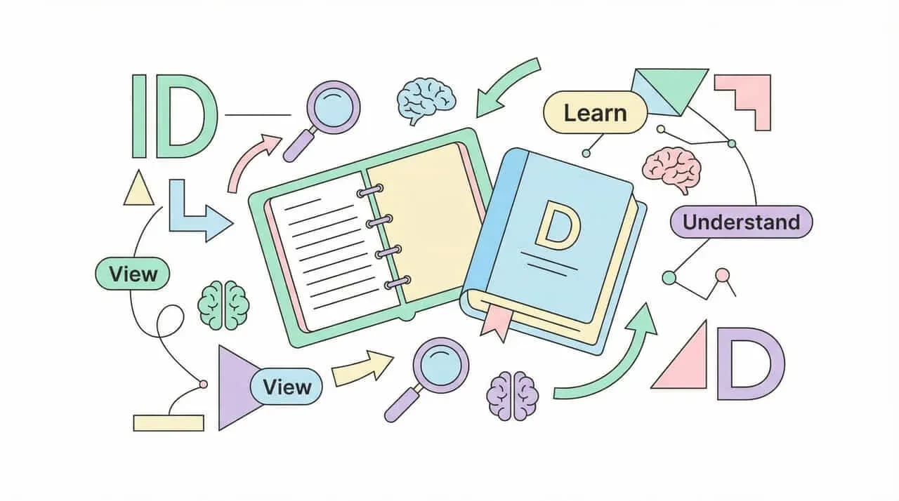 「ID」「D」の文字とノート・本、「Learn」「Understand」「View」の吹き出しを矢印でつないだ図