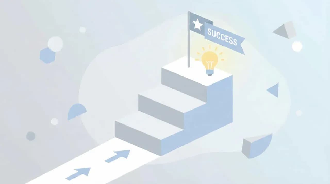 階段の先の旗に「SUCCESS」の文字と電球が立つ、成功への階段を表した図