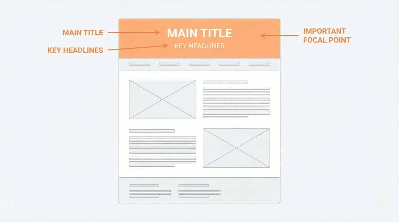 「MAIN TITLE」「KEY HEADLINES」「IMPORTANT FOCAL POINT」の位置を矢印で示したウェブページのワイヤーフレーム
