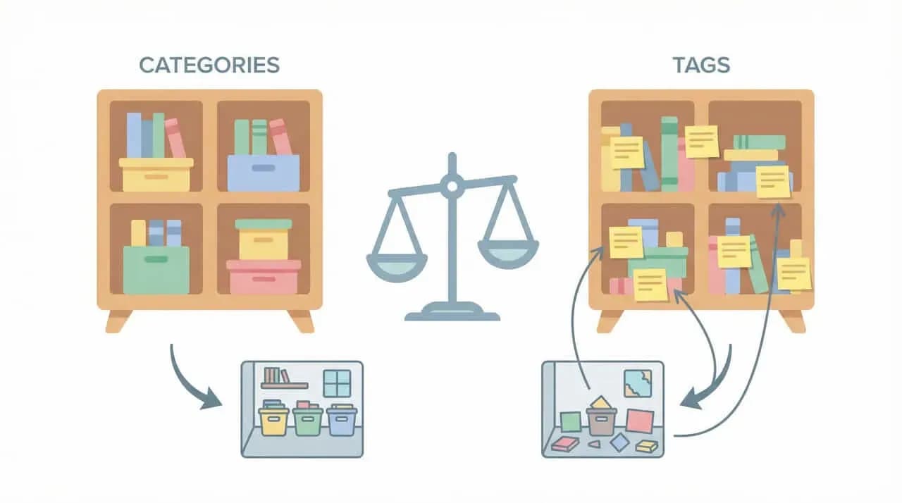 「CATEGORIES」の収納棚と「TAGS」の付箋棚を天秤で比較したイラスト