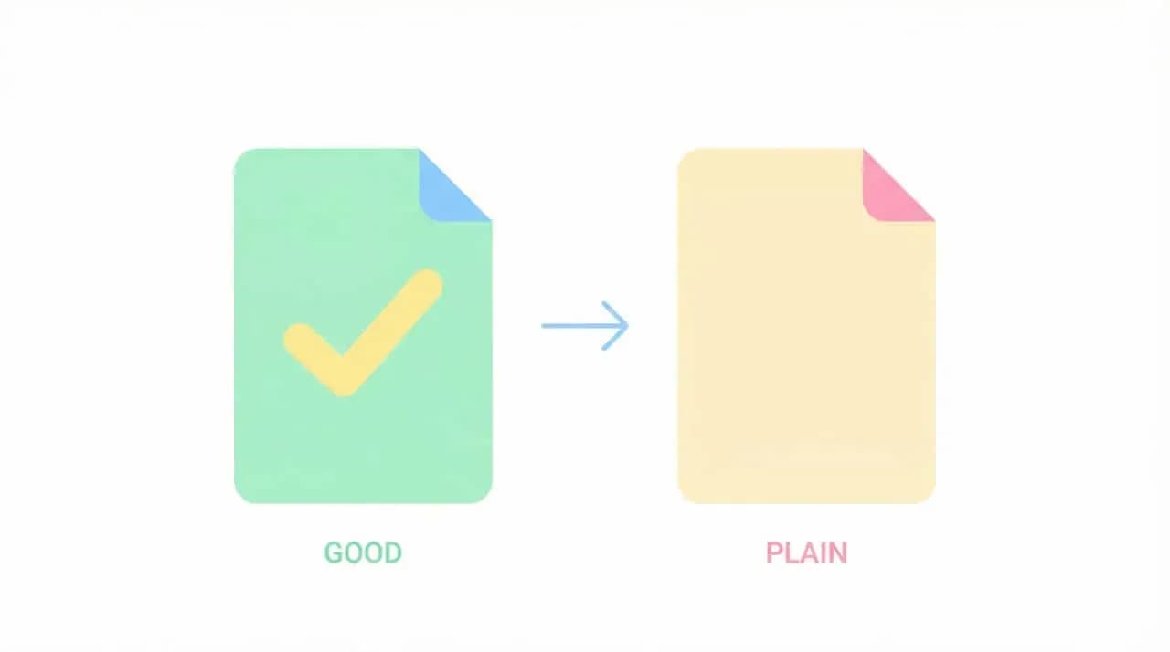チェックマーク付きの「GOOD」の書類から矢印で「PLAIN」の書類へ変化するイラスト