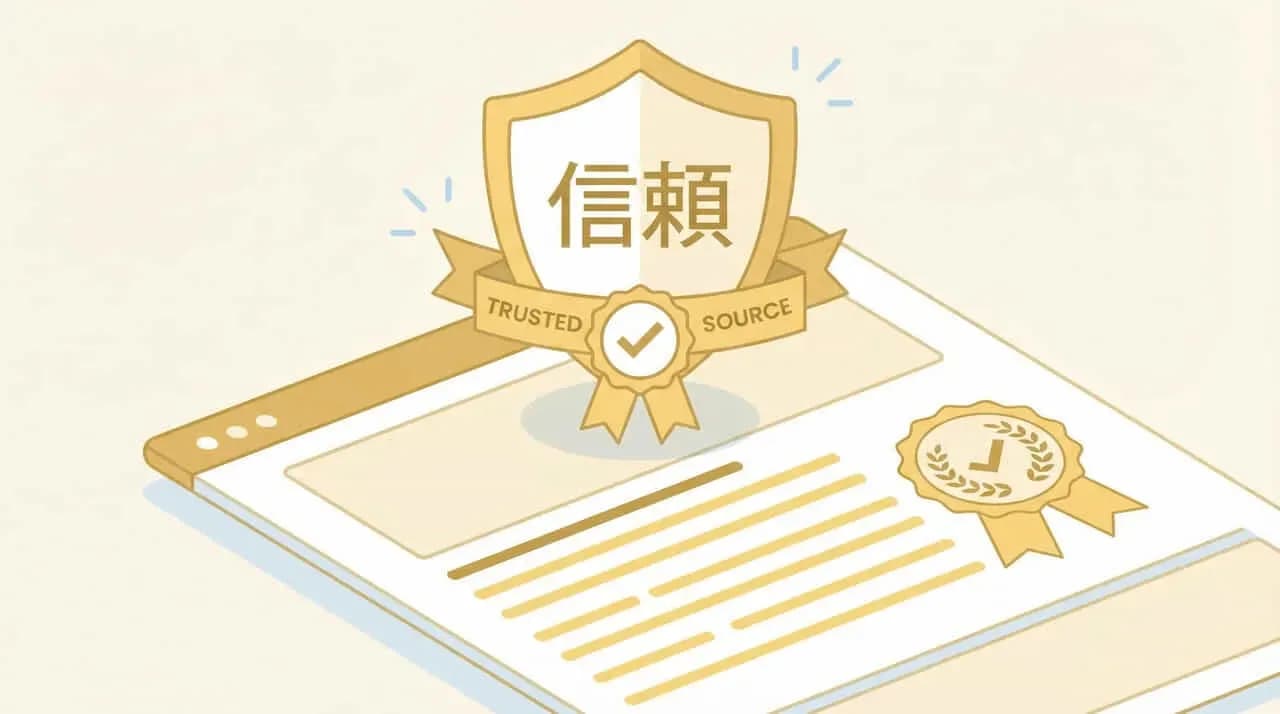 「信頼」「TRUSTED SOURCE」の盾とバッジが付いた文書のイラスト