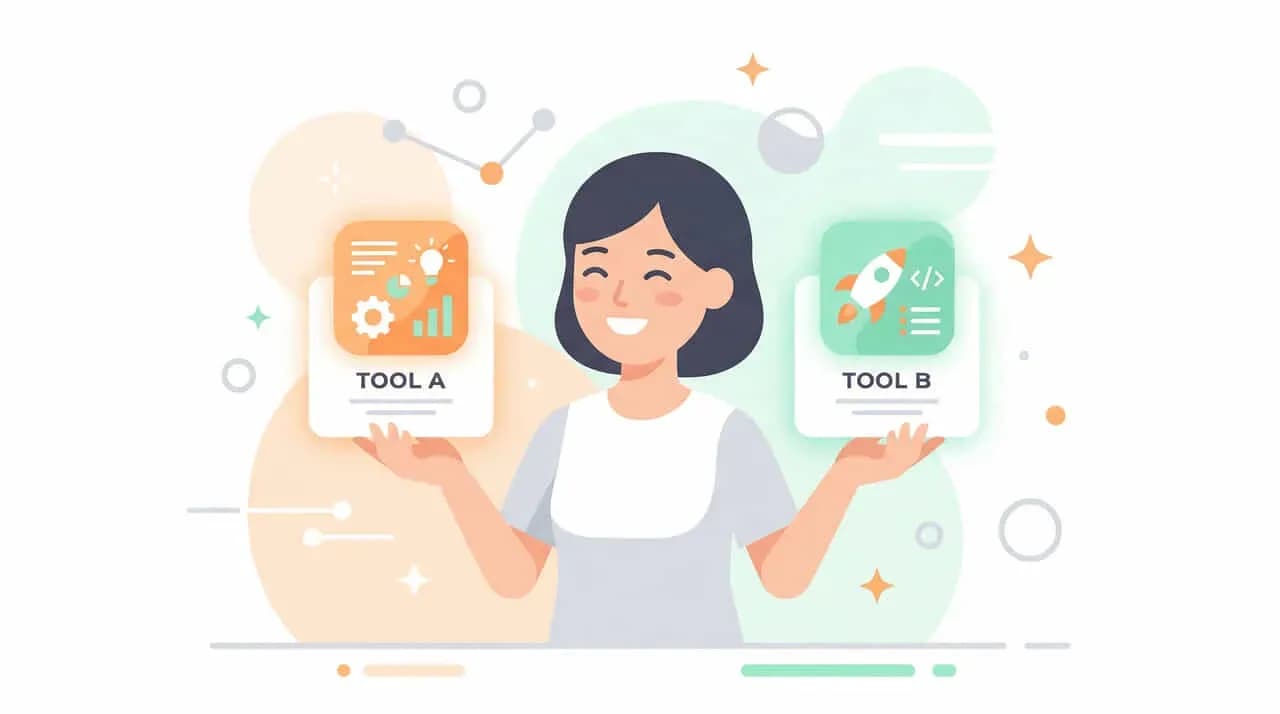 「TOOL A」「TOOL B」の2枚のカードを両手に持つ女性のイラスト