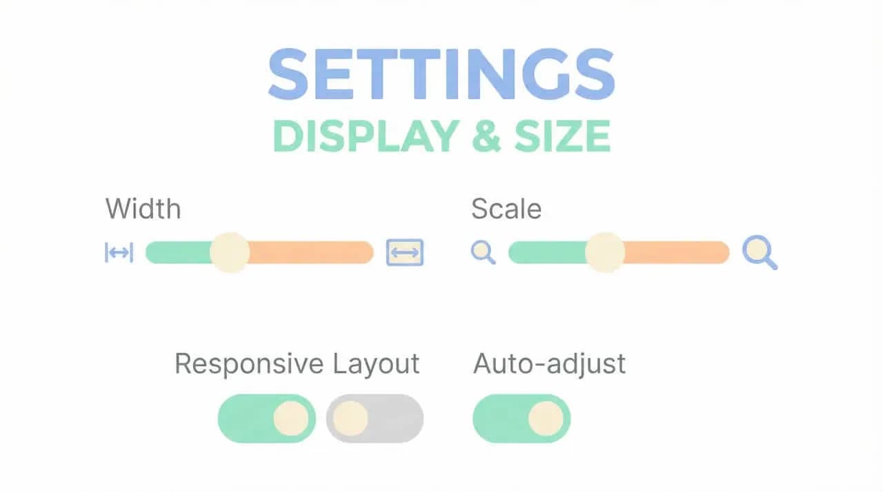 「SETTINGS DISPLAY & SIZE」の文字と、Width・Scale・Responsive Layout・Auto-adjustのスライダー設定画面