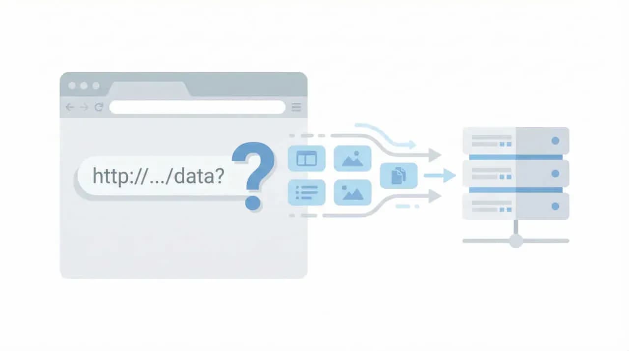 URL「http://.../data?」に「?」マークを添え、複数のアイコンがサーバーへ流れ込む図