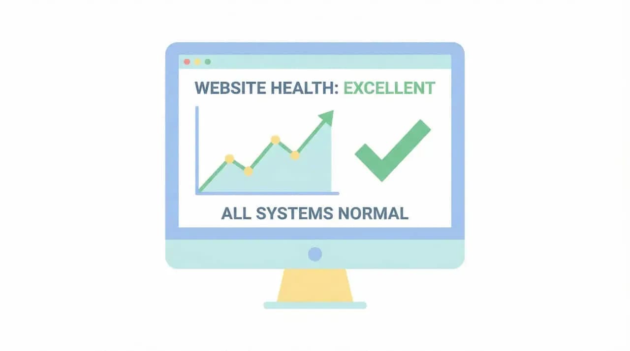 モニターに表示された「WEBSITE HEALTH: EXCELLENT」「ALL SYSTEMS NORMAL」の文字とグラフ、チェックマークのイラスト