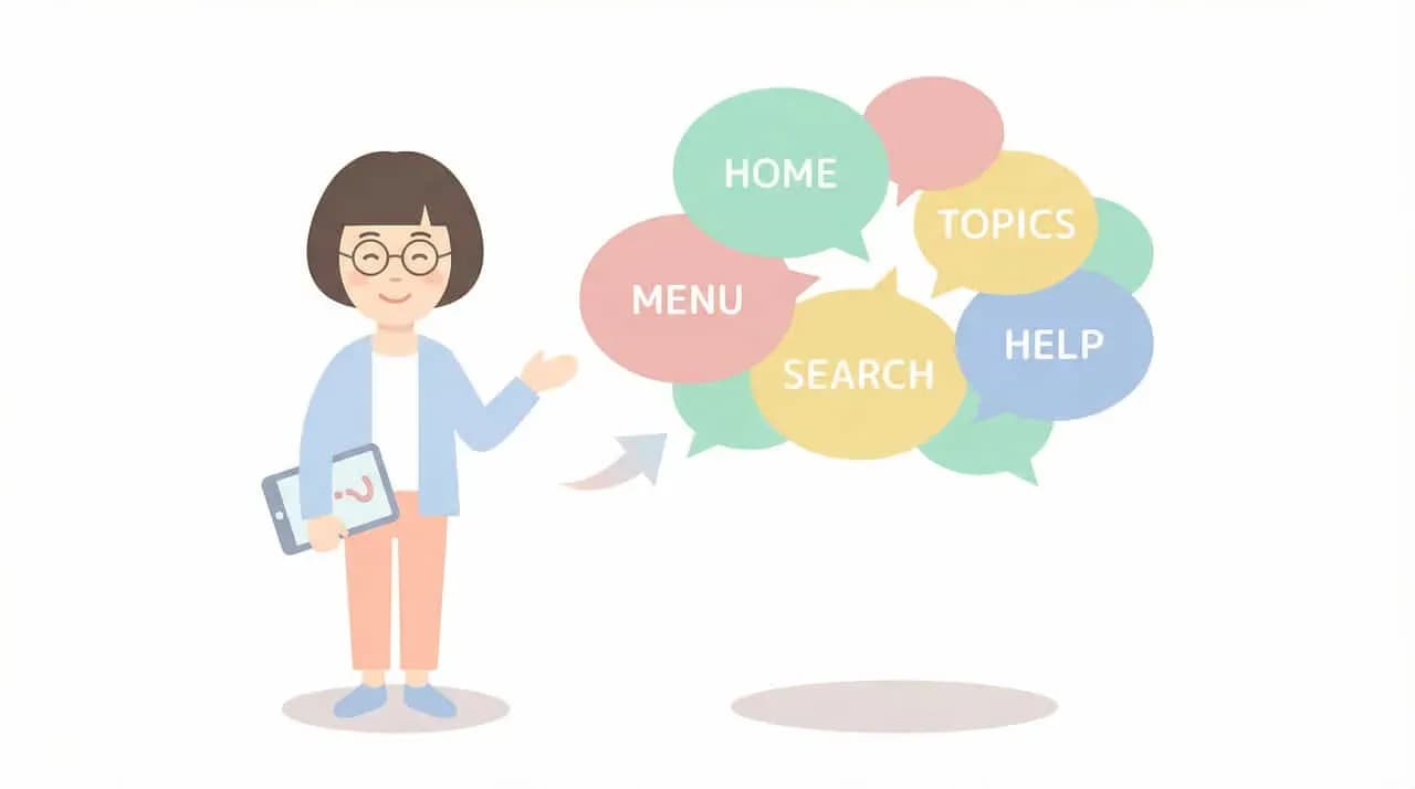 タブレットを持つ女性と、「HOME」「MENU」「TOPICS」「SEARCH」「HELP」の吹き出しのイラスト