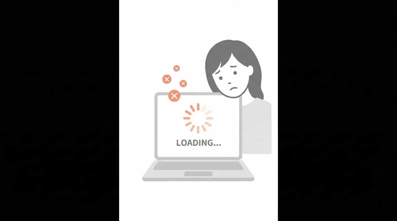 エラーマークが浮かぶパソコン画面の「LOADING...」表示を心配そうに見る女性のイラスト