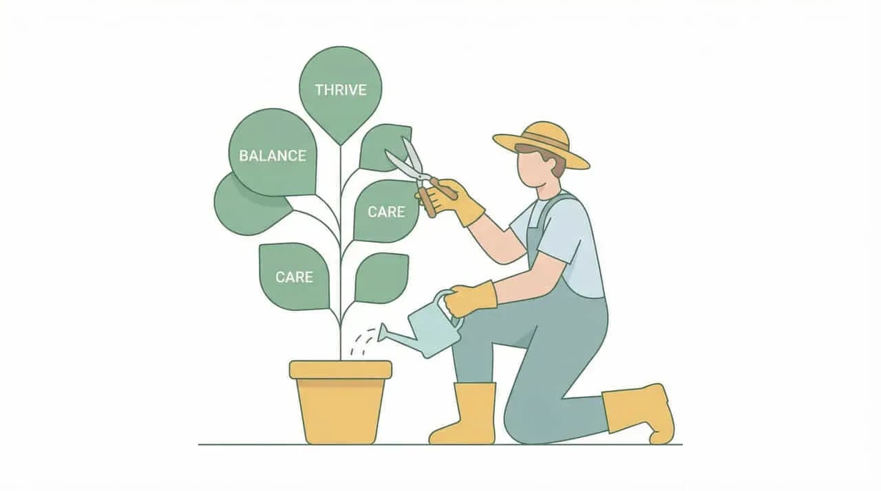 「THRIVE」「BALANCE」「CARE」のラベルが付いた植物を手入れする男性のイラスト