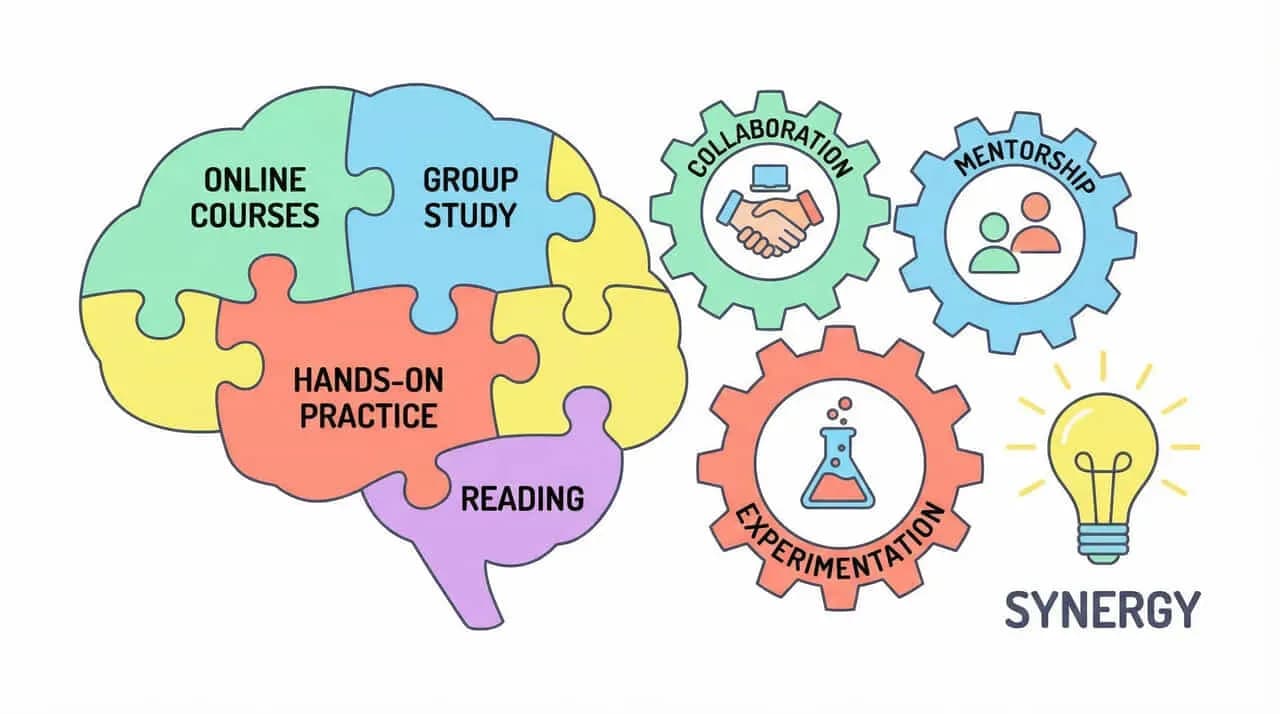 脳のパズルに「ONLINE COURSES」「GROUP STUDY」「HANDS-ON PRACTICE」「READING」の文字と、歯車の「COLLABORATION」「MENTORSHIP」「EXPERIMENTATION」「SYNERGY」を組み合わせた図