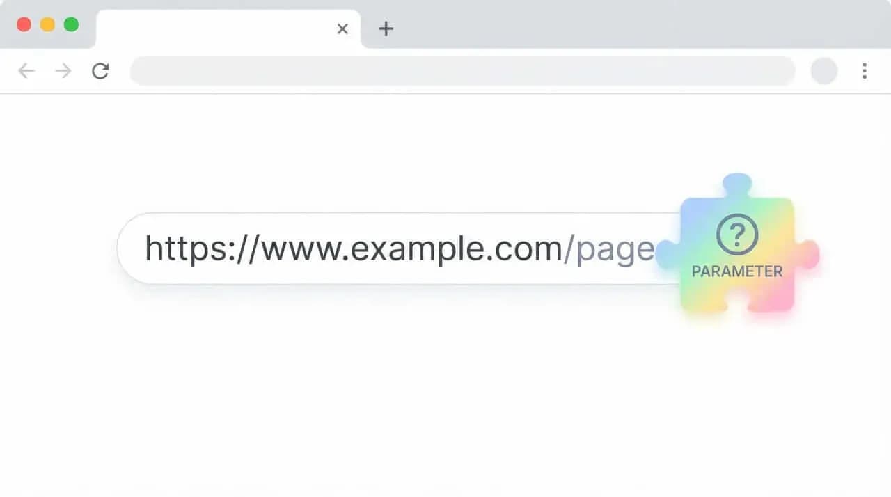 ブラウザのアドレスバーに「https://www.example.com/page」と表示され、右に「?」マークのパズルピース「PARAMETER」が組み合わさるイラスト