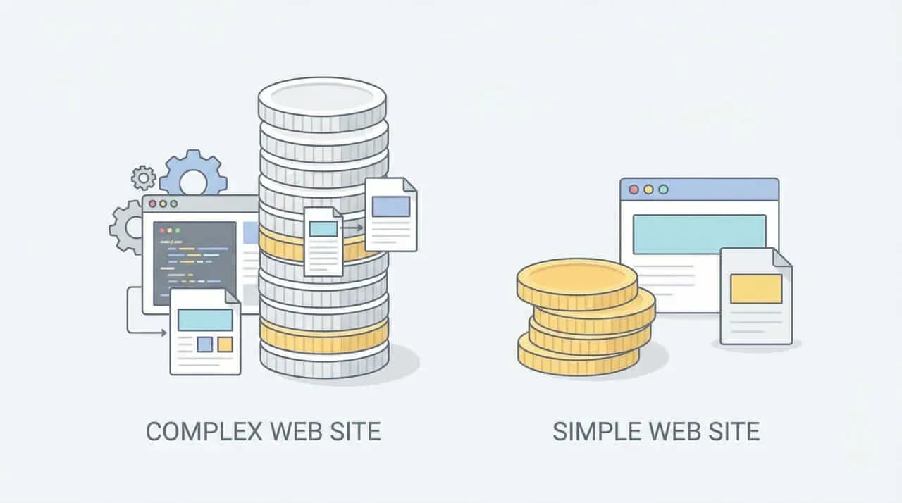 コインの積み重ねと画面アイコンで「COMPLEX WEB SITE」と「SIMPLE WEB SITE」の費用差を表したイラスト
