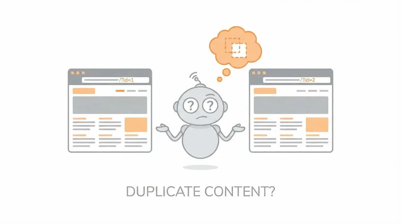 2つのページ画面「?id=1」「?id=2」を見比べて困るロボットと「DUPLICATE CONTENT?」の文字