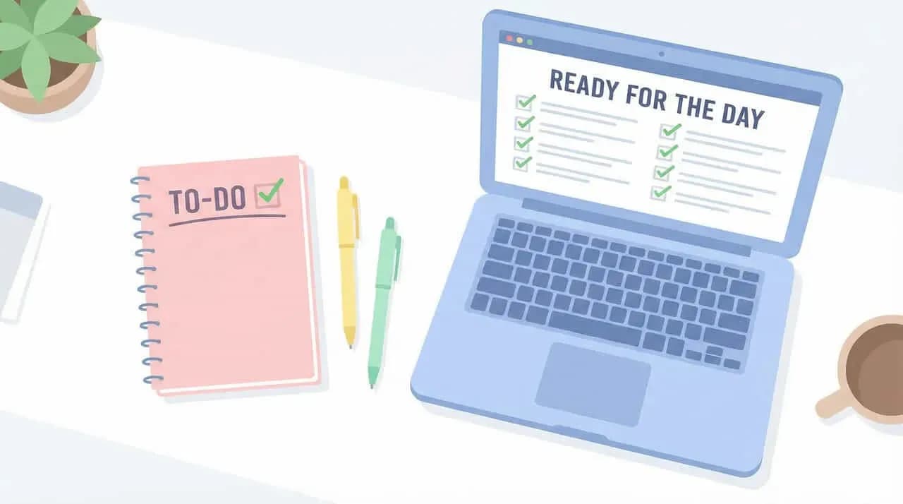 ノートパソコンに「READY FOR THE DAY」のチェックリストと、机上のTO-DOノート・文房具・コーヒーのイラスト