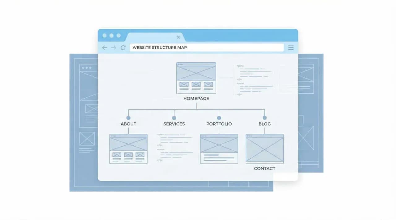 「WEBSITE STRUCTURE MAP」の文字と、ホームページから各ページへ枝分かれするサイト構造図