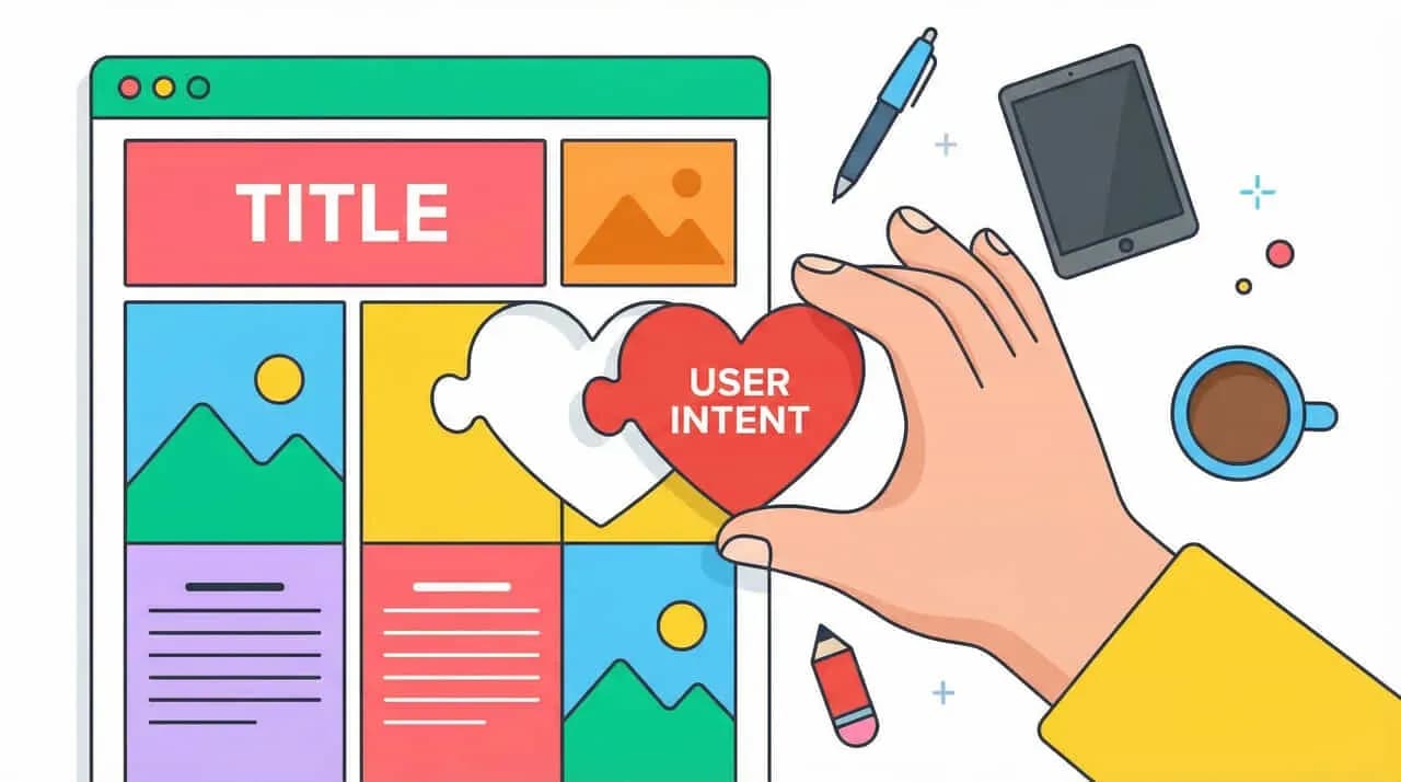 ウェブページの「TITLE」画像とハートのパズルピース「USER INTENT」を手にはめ込むイラスト