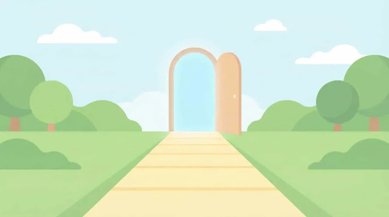庭園の中、アーチ型の扉へ続く小道のイラスト