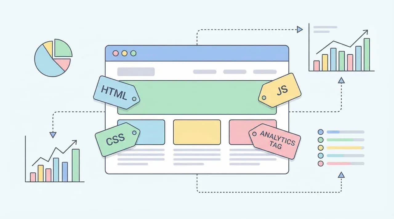 ブラウザ画面に「HTML」「CSS」「JS」「ANALYTICS TAG」のタグが貼られ、グラフが連動する図