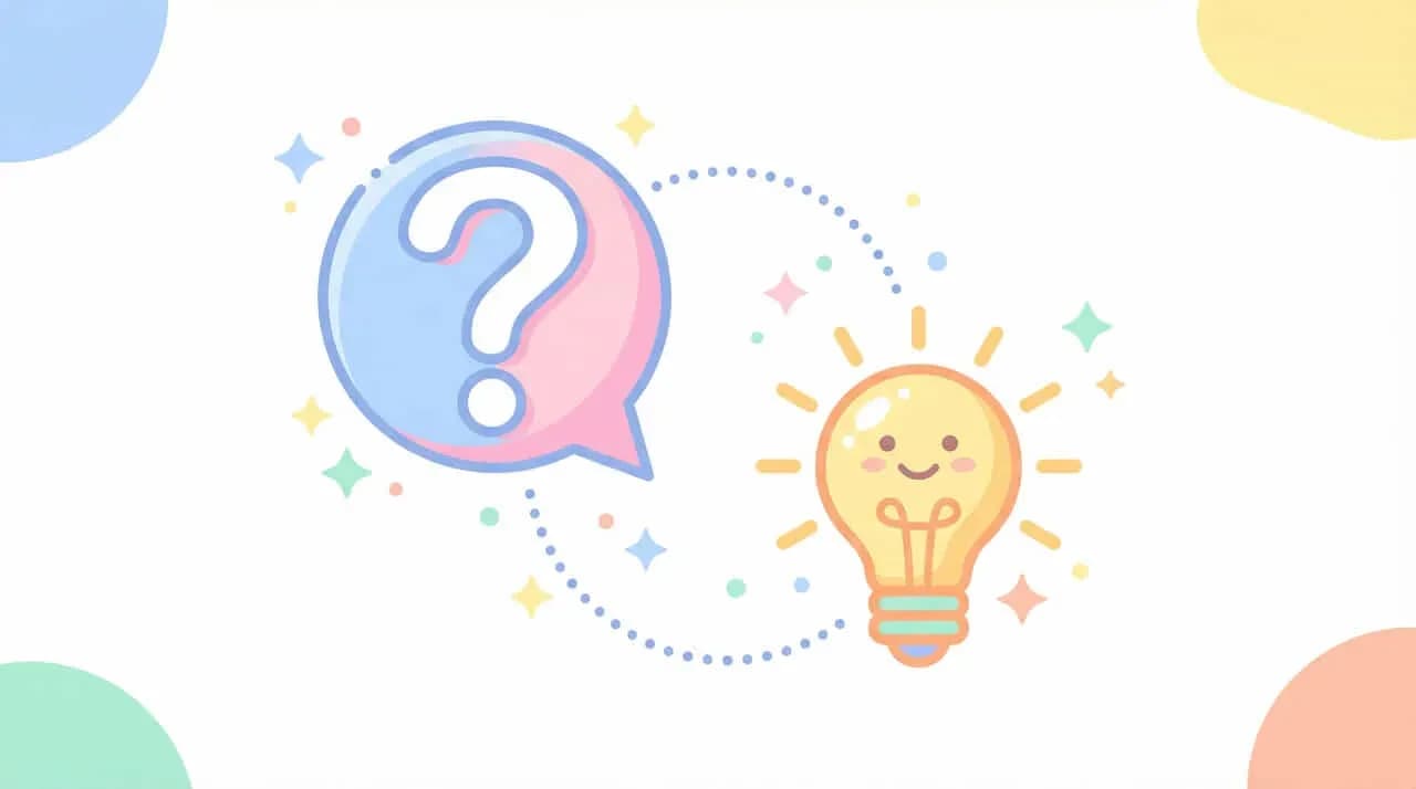 「?」の吹き出しと電球を点線でつないだイラスト