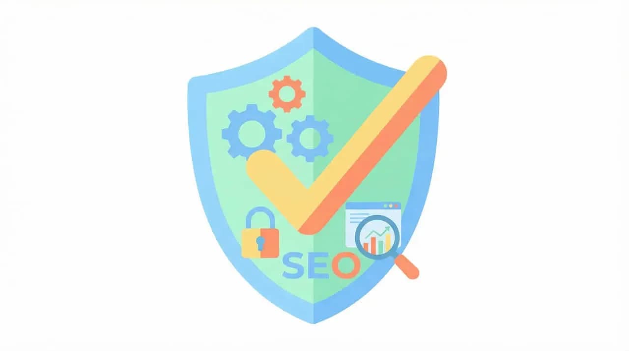 盾の中に歯車・チェックマーク・鍵・「SEO」の文字を配したイラスト