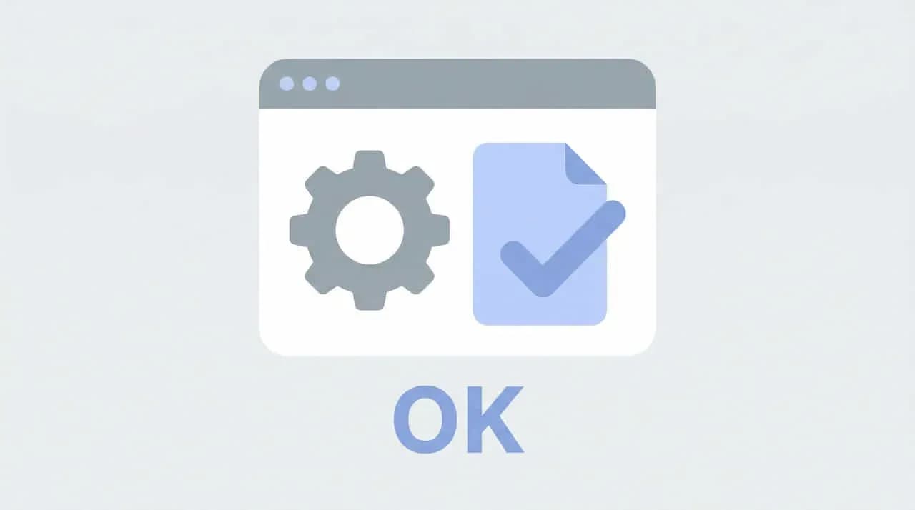 歯車とチェックマーク付き文書が表示されたブラウザ画面、「OK」の文字のイラスト